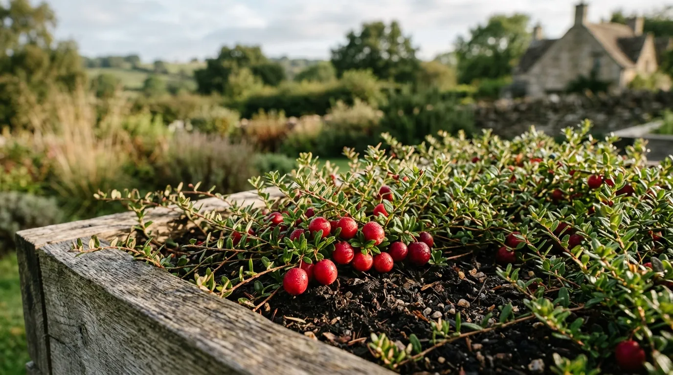 Cranberries growing in a raised bed with ripe red berries in a UK countryside garden