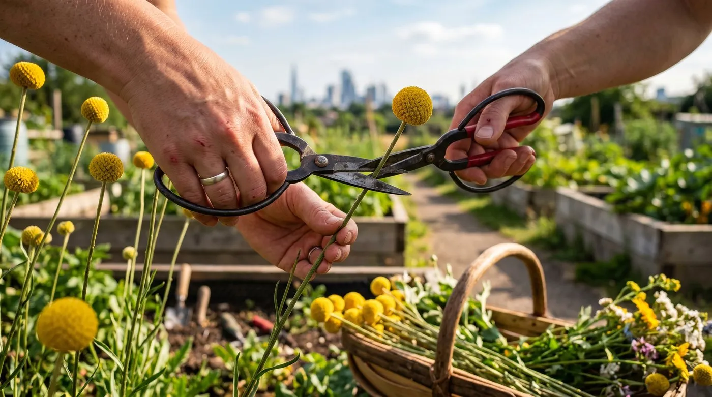 A hand cutting a firm fully coloured Craspedia billy button stem in a sunny urban allotment with a trug of cut stems