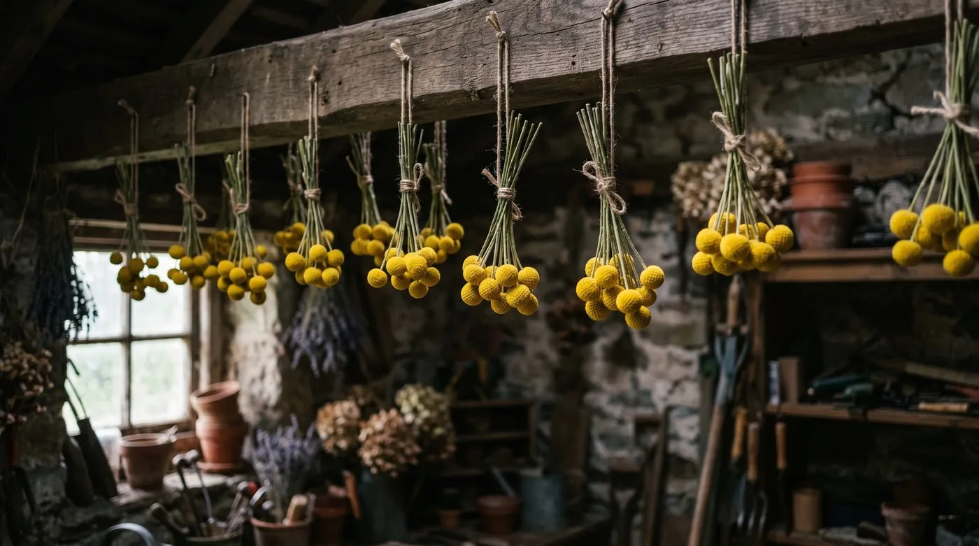 Freshly cut Craspedia billy buttons hanging upside down in bunches to dry in an airy UK garden shed