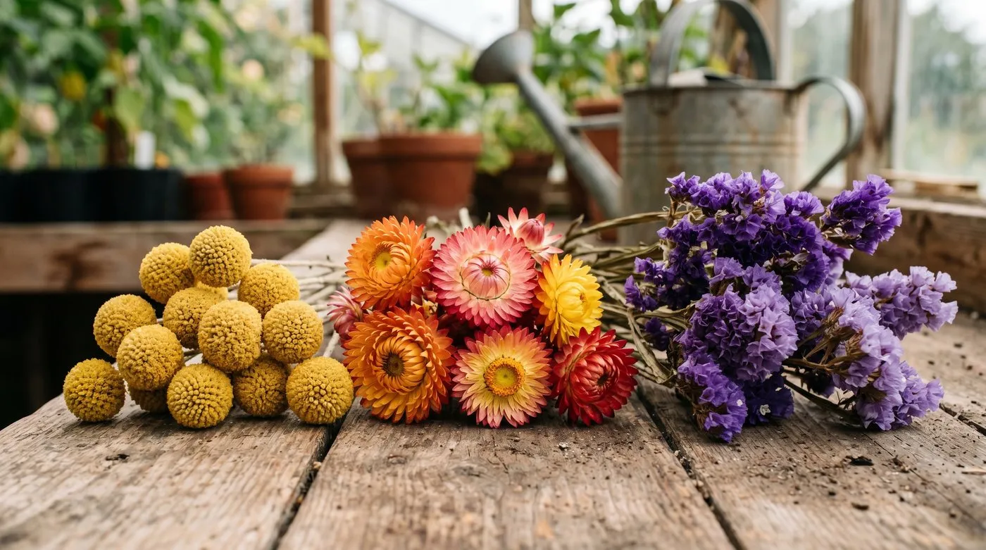 Golden Craspedia drumstick heads beside other dried everlasting flowers such as strawflower and statice
