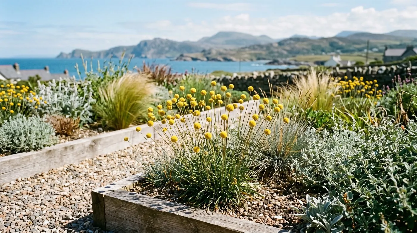 A clump of golden Craspedia billy buttons growing in a sharp-draining gravel border in a sunny coastal Welsh garden