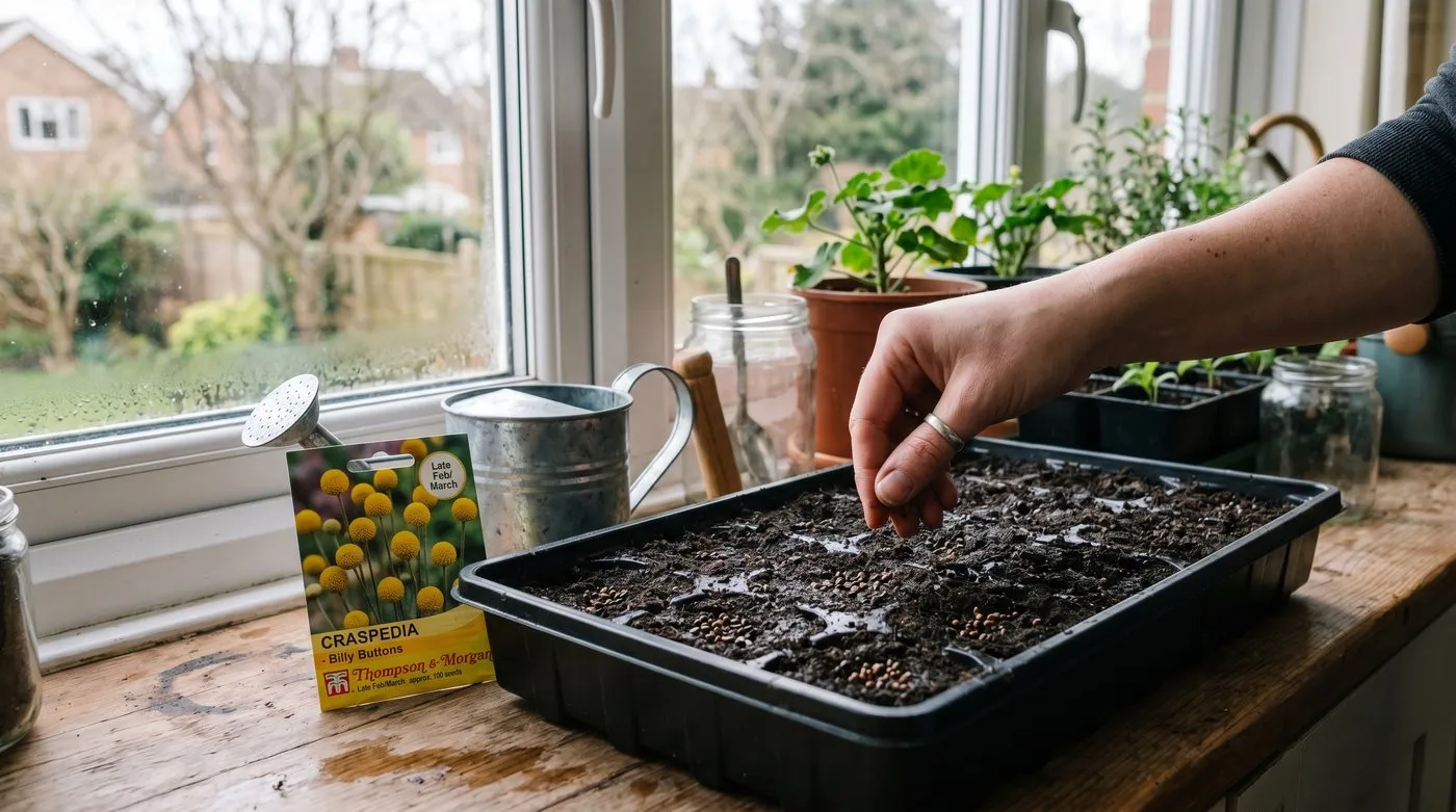 A hand surface sowing tiny Craspedia billy button seeds onto moist compost in a seed tray on a sunny UK windowsill
