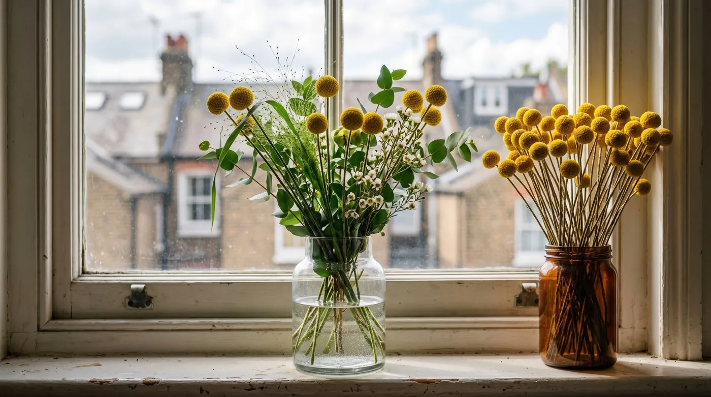 A fresh vase of golden Craspedia billy buttons beside a dried everlasting bunch on a London terraced flat windowsill