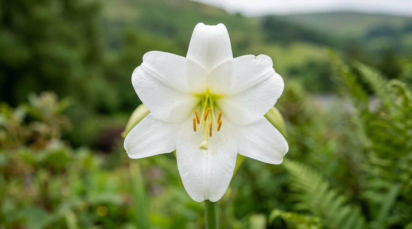 Macro close-up of a pure white Crinum Album trumpet flower with golden stamens