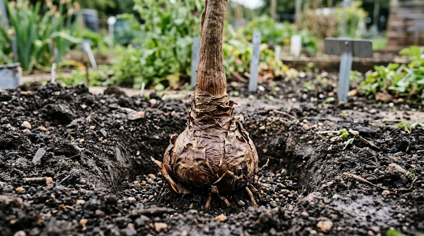 Enormous crinum bulb in a planting hole showing the long neck sitting above the soil line