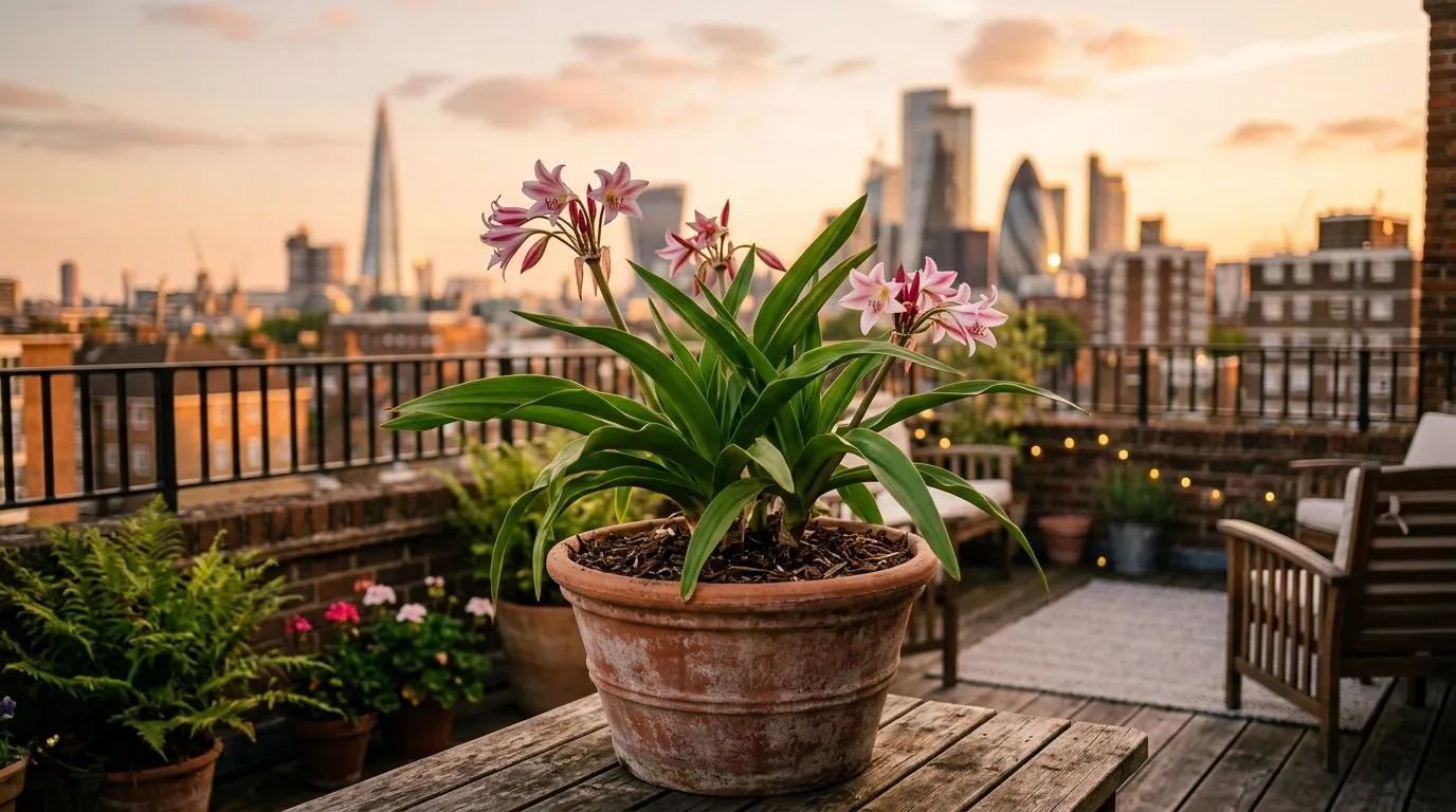 Tender Crinum moorei in a large terracotta pot on a sheltered London roof terrace