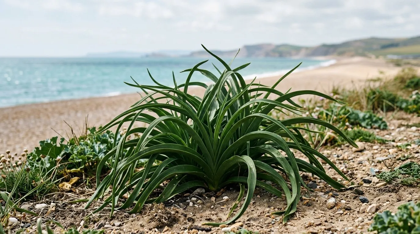 Established clump of strappy crinum foliage in a free-draining coastal border in Dorset