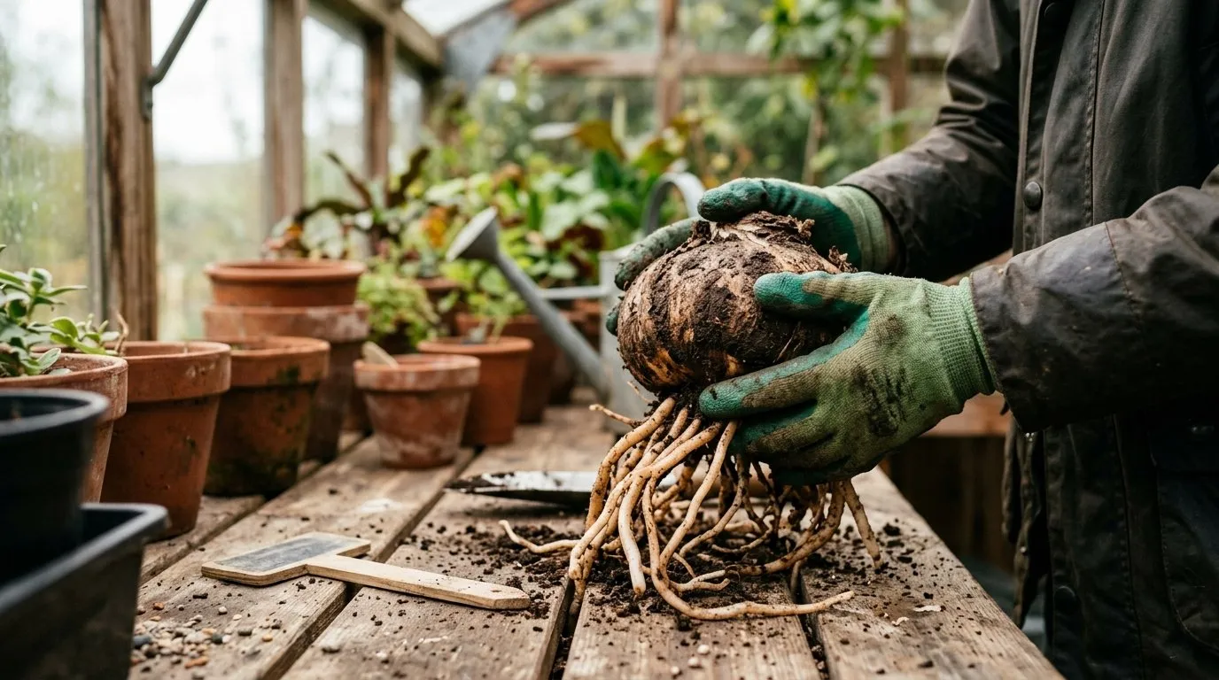 Hands lifting and handling a large crinum bulb on a potting bench, roots visible