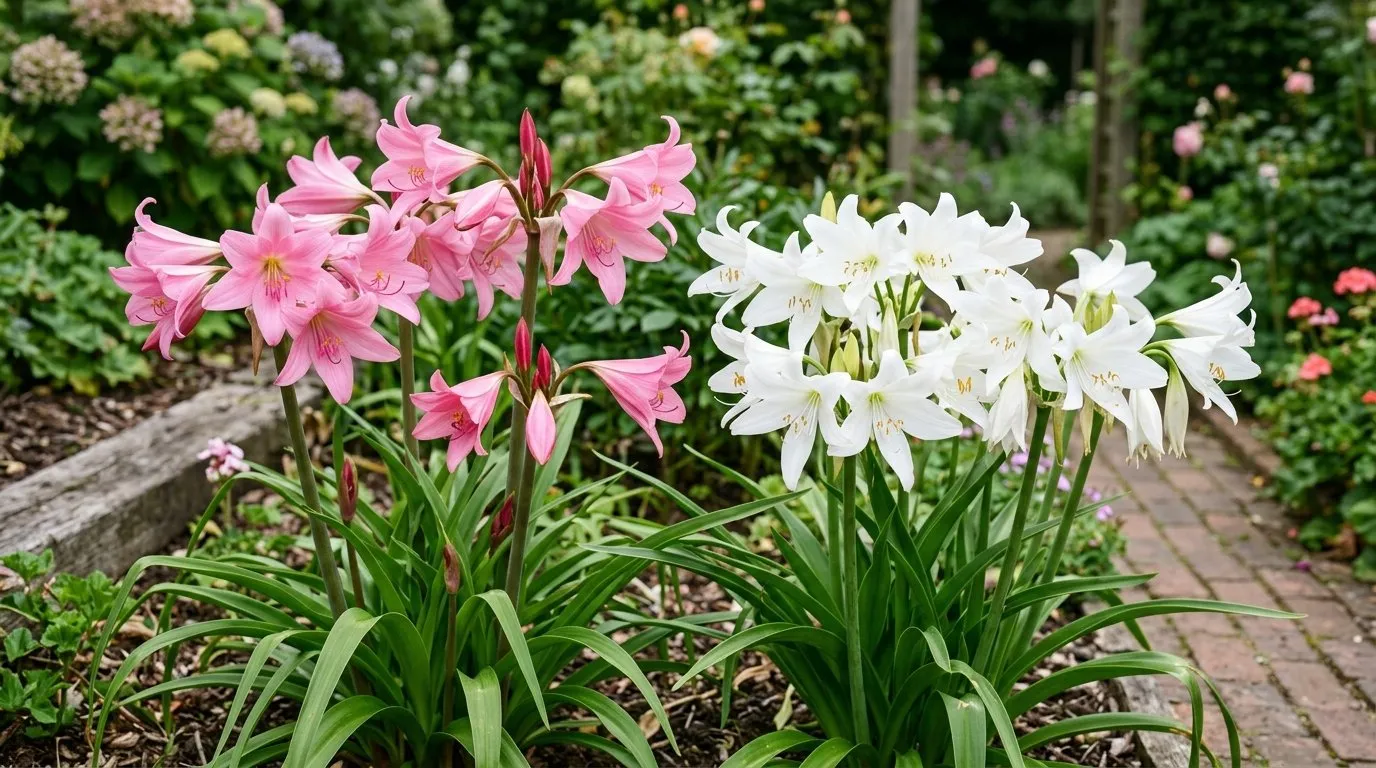 Comparison of pink Crinum x powellii and white Album crinum trumpets side by side in a UK border