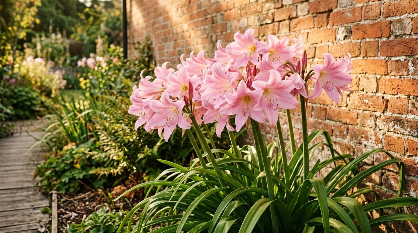 Huge pink Crinum x powellii trumpets flowering against a warm red brick wall in a Sussex garden