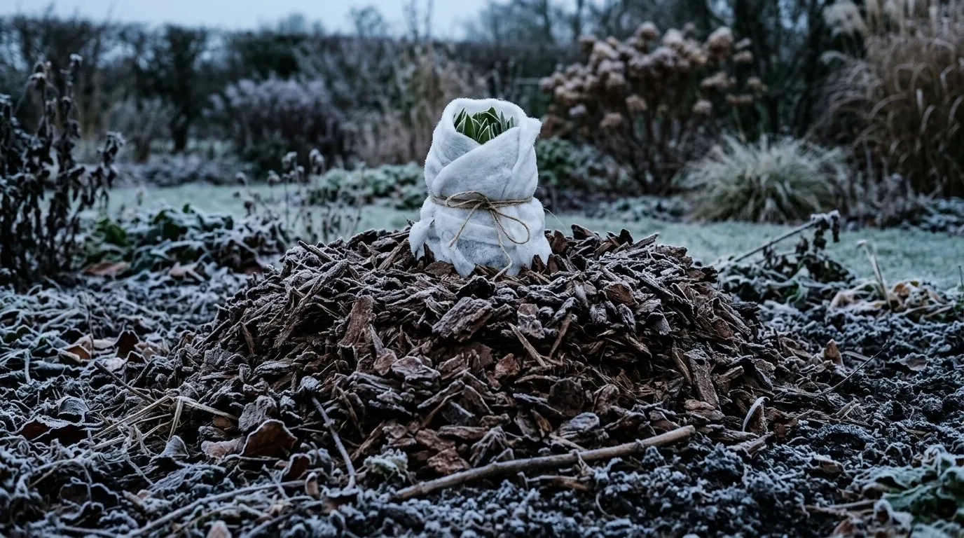 Horticultural fleece and dry bark mulch heaped over a crinum crown in winter frost