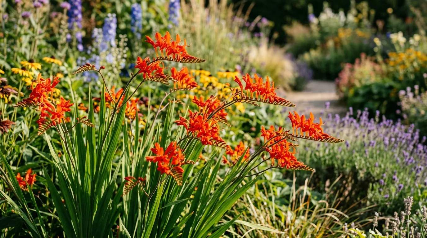 Crocosmia Lucifer growing in a sunny UK herbaceous border with arching sprays of orange tubular flowers