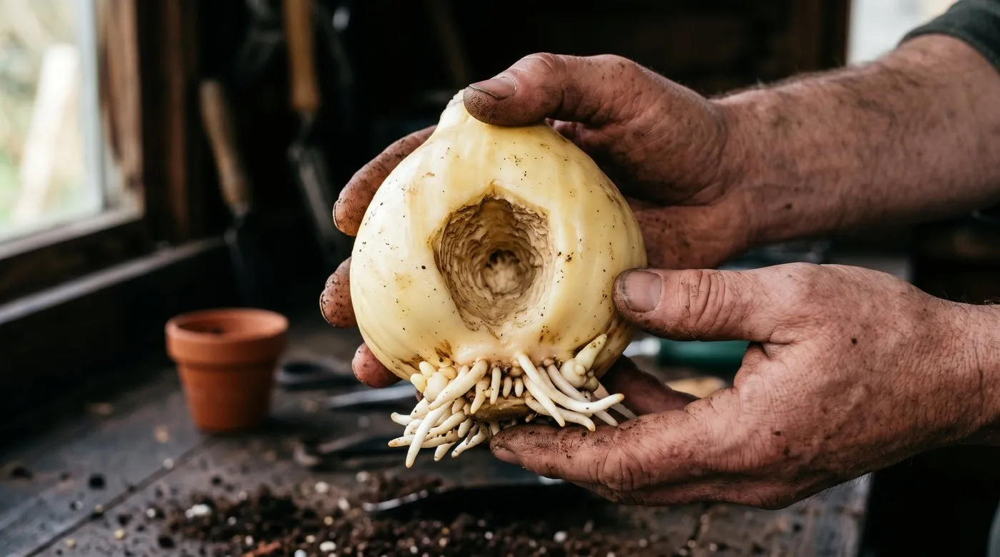 Hands holding a Crown Imperial bulb showing the deep hollow crater in the centre