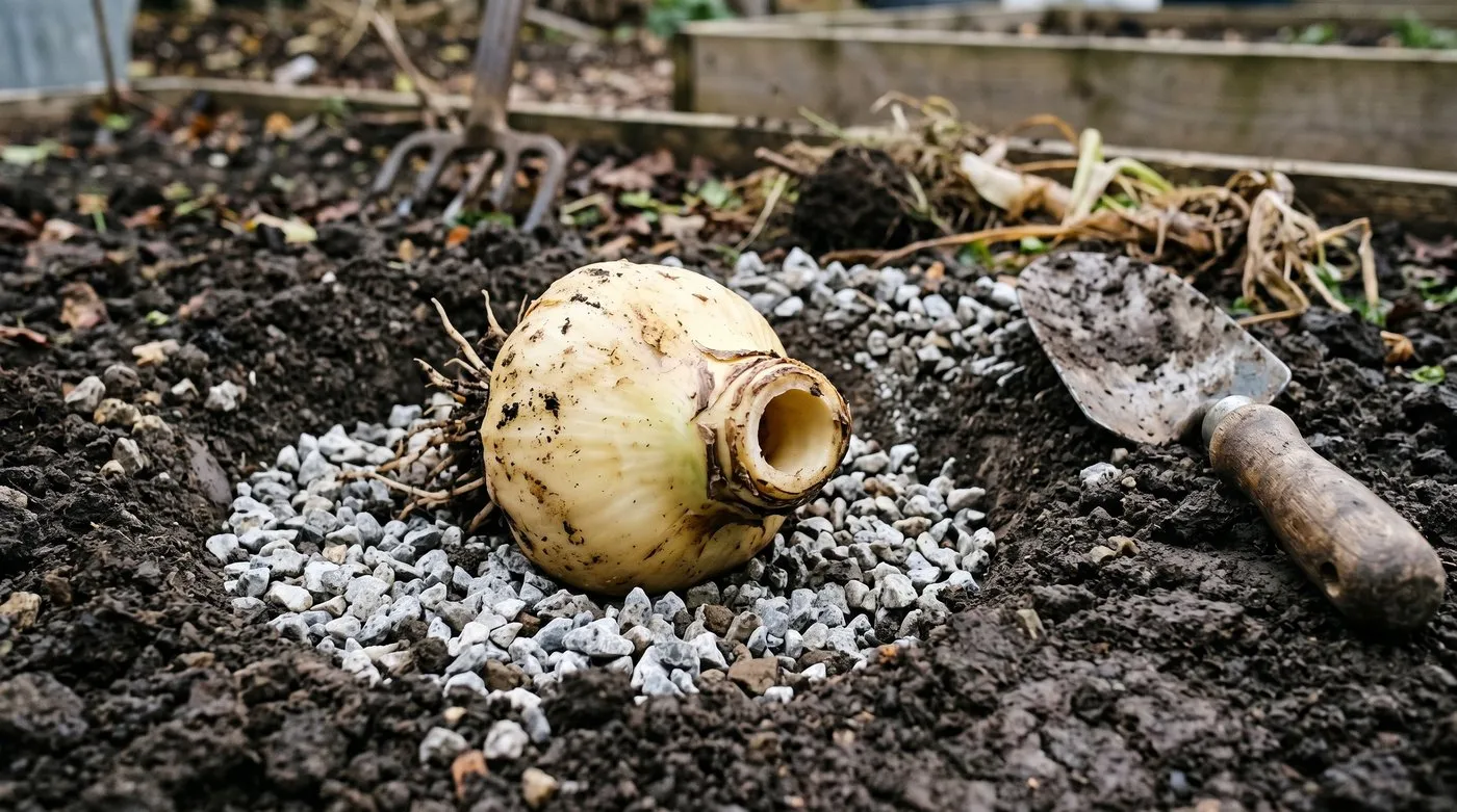 Large Crown Imperial bulb planted on its side in a hole surrounded by sharp grit