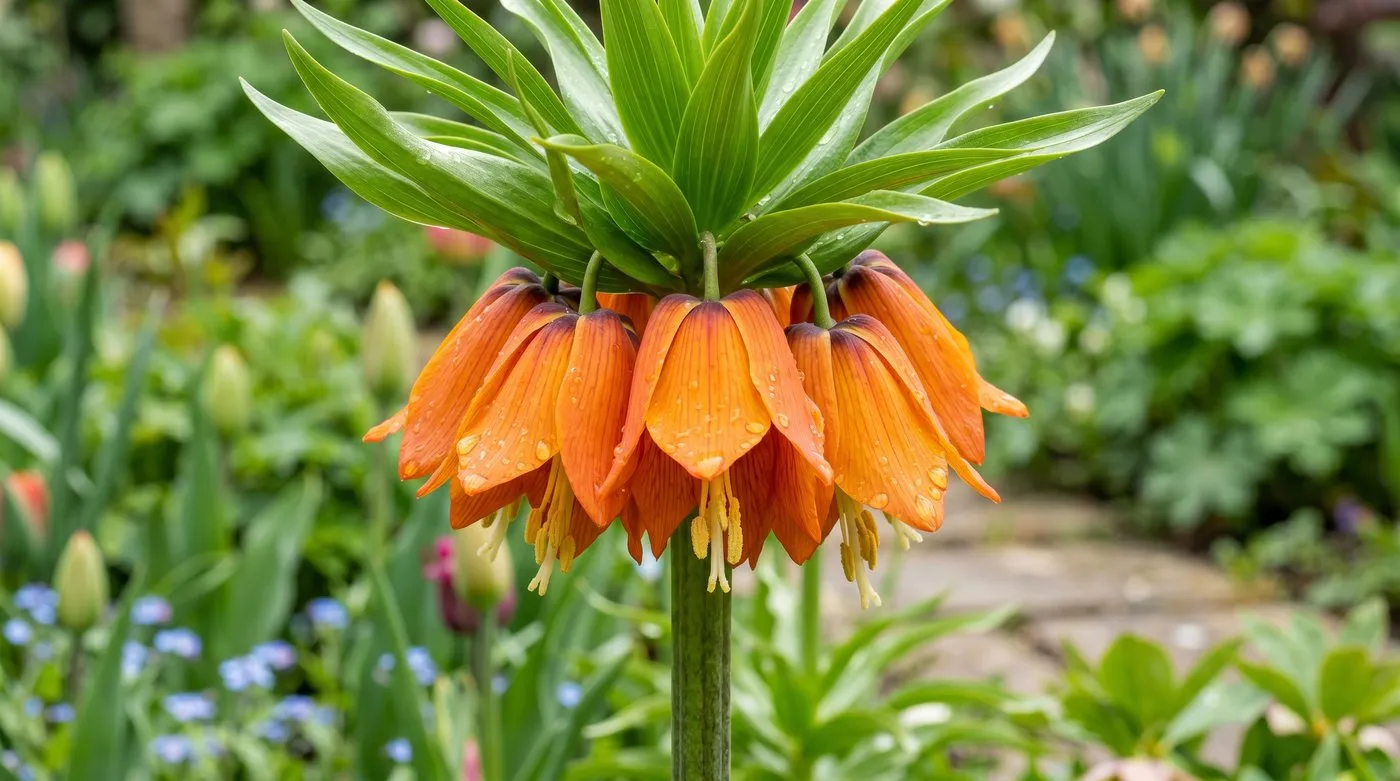 Orange Crown Imperial flower whorl with a leafy green topknot in a UK spring border