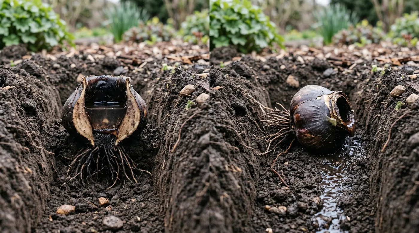 Comparison of an upright bulb pooling water against a side-planted bulb draining freely