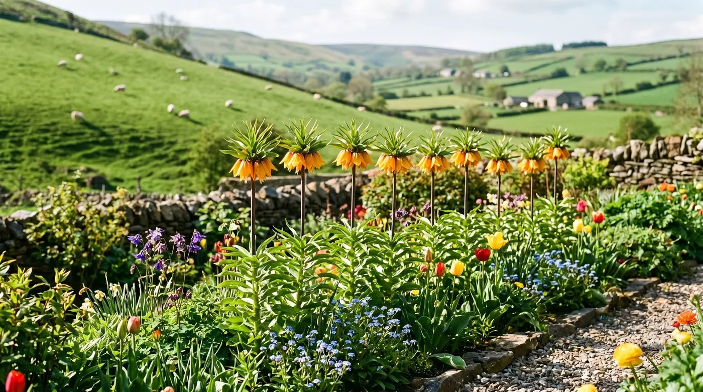 Tall Crown Imperials in orange and yellow standing in a sunny Welsh valley spring border with sheep on the hillside