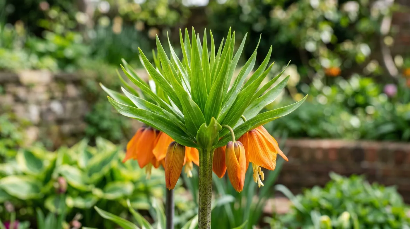 Leafy green topknot tuft crowning a Crown Imperial flower stem above a ring of orange bells