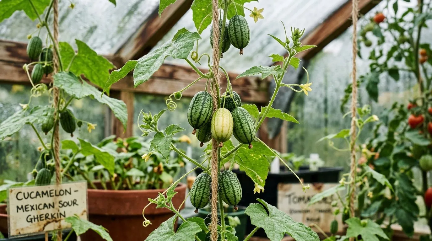 Cucamelon fruits growing on a vine in a UK greenhouse with tiny watermelon-striped fruits