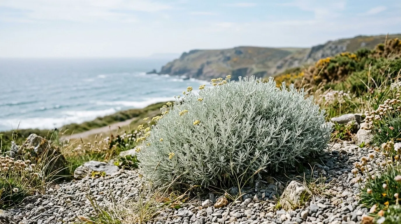 Mature silver curry plant thriving in a dry coastal garden with sea view in Cornwall