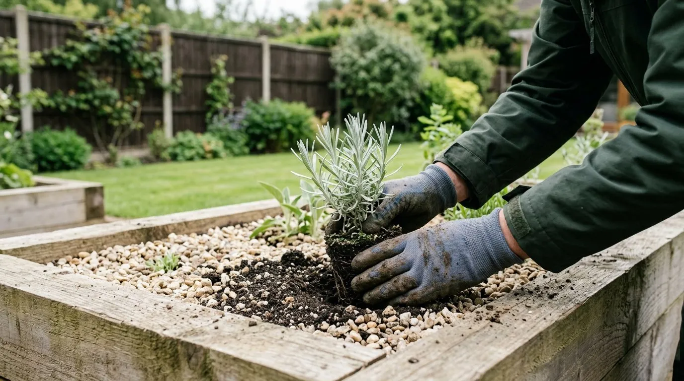 Curry plant being set into a gritty free-draining raised bed with gravel mulch on a suburban Surrey plot