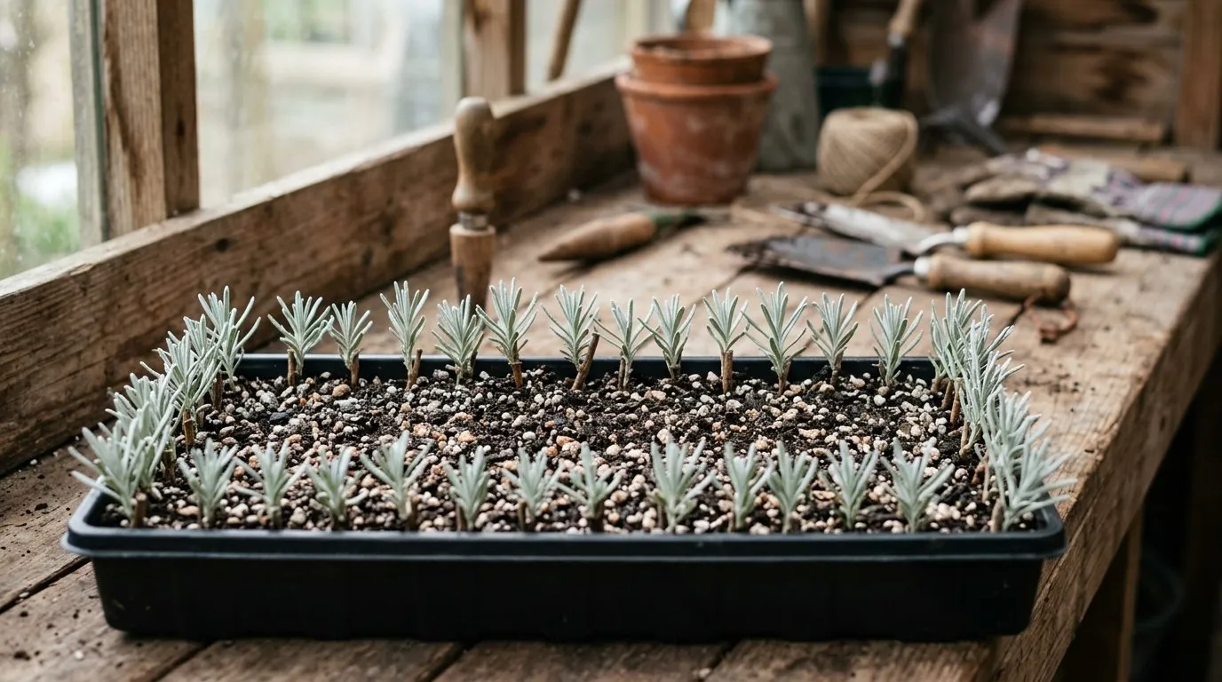 Semi-ripe curry plant cuttings rooting in a gritty seed tray on an allotment potting bench