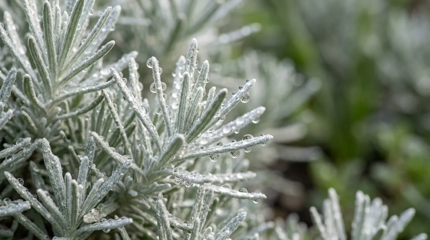 Macro shot of silver felted curry plant foliage with water droplets beading on the leaves