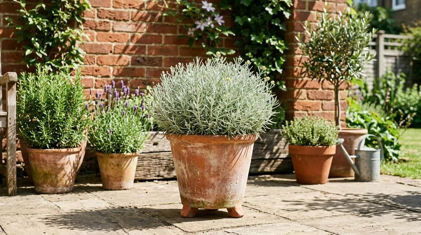 Silver curry plant in a terracotta pot on a sunny London courtyard patio against a brick wall
