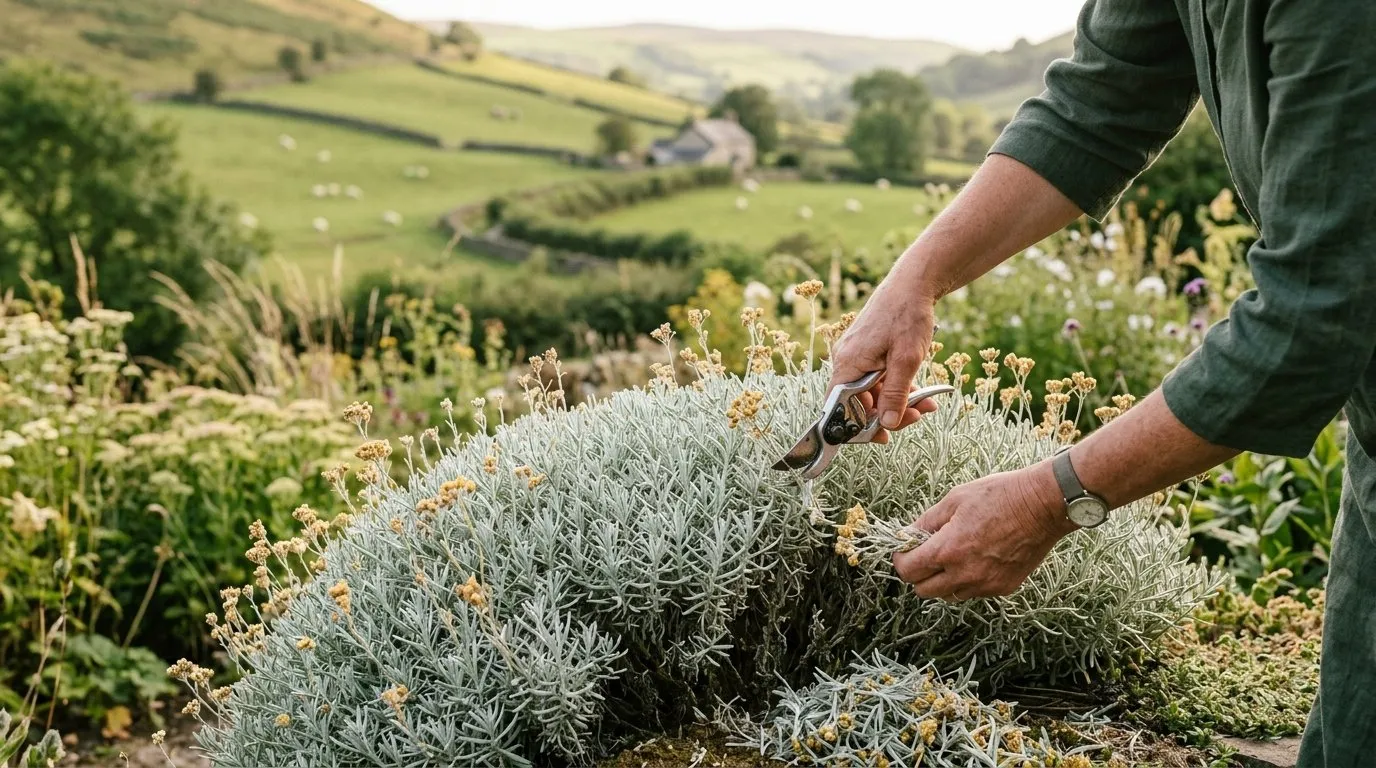 Hands trimming a silver curry plant back into a low dome after flowering in a Welsh valley garden