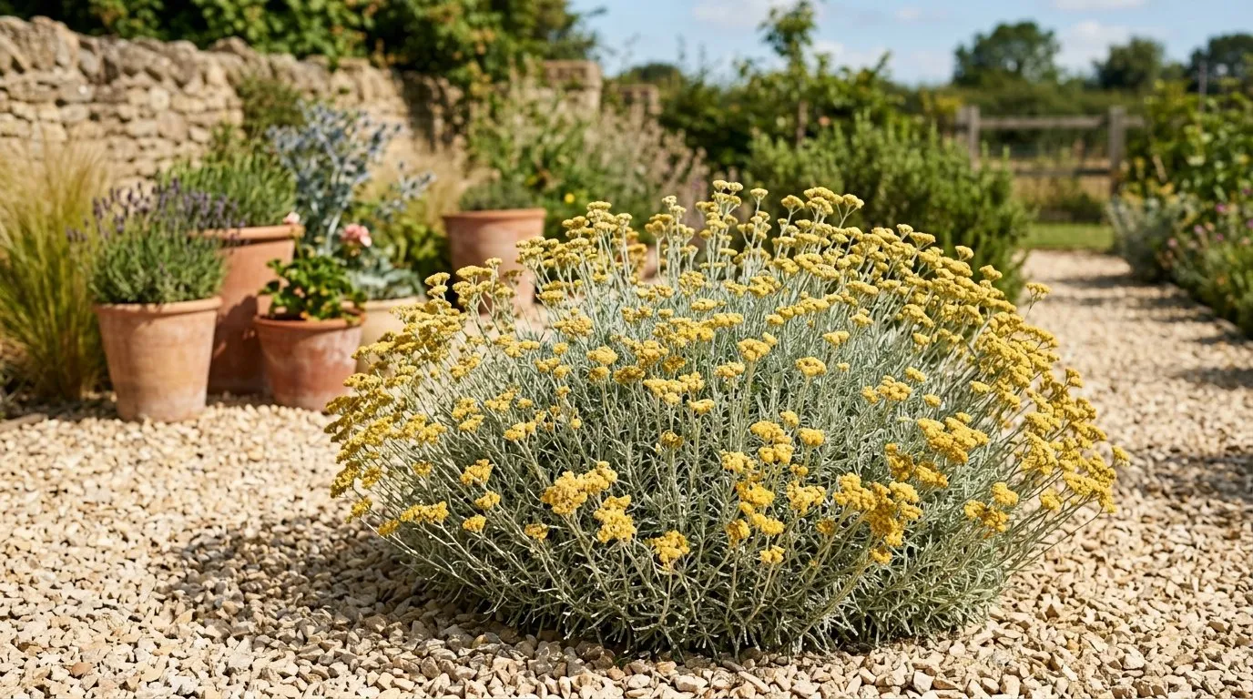 Silver mound of curry plant Helichrysum italicum with yellow flowers in a gravel garden in Essex