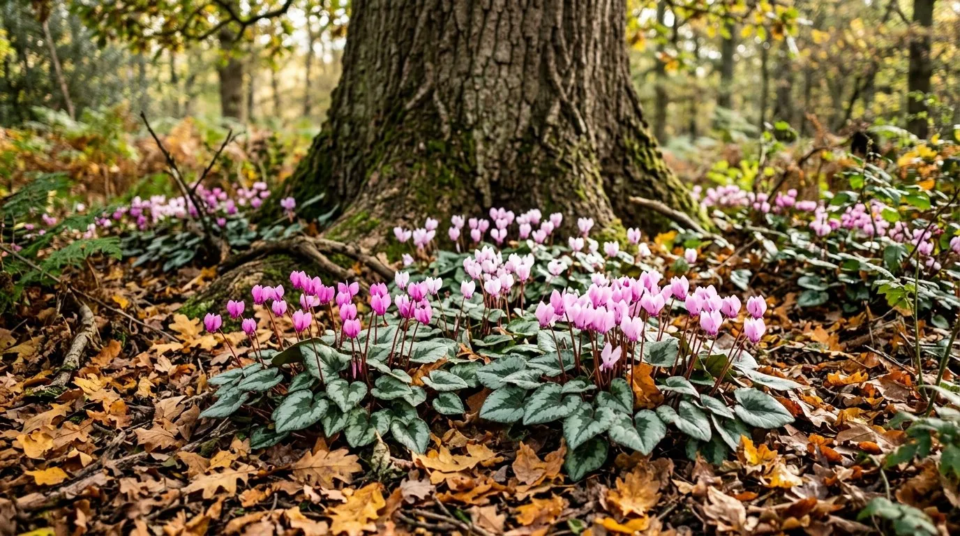 Hardy cyclamen growing beneath an oak tree in a UK woodland garden with pink flowers and silver-marbled leaves