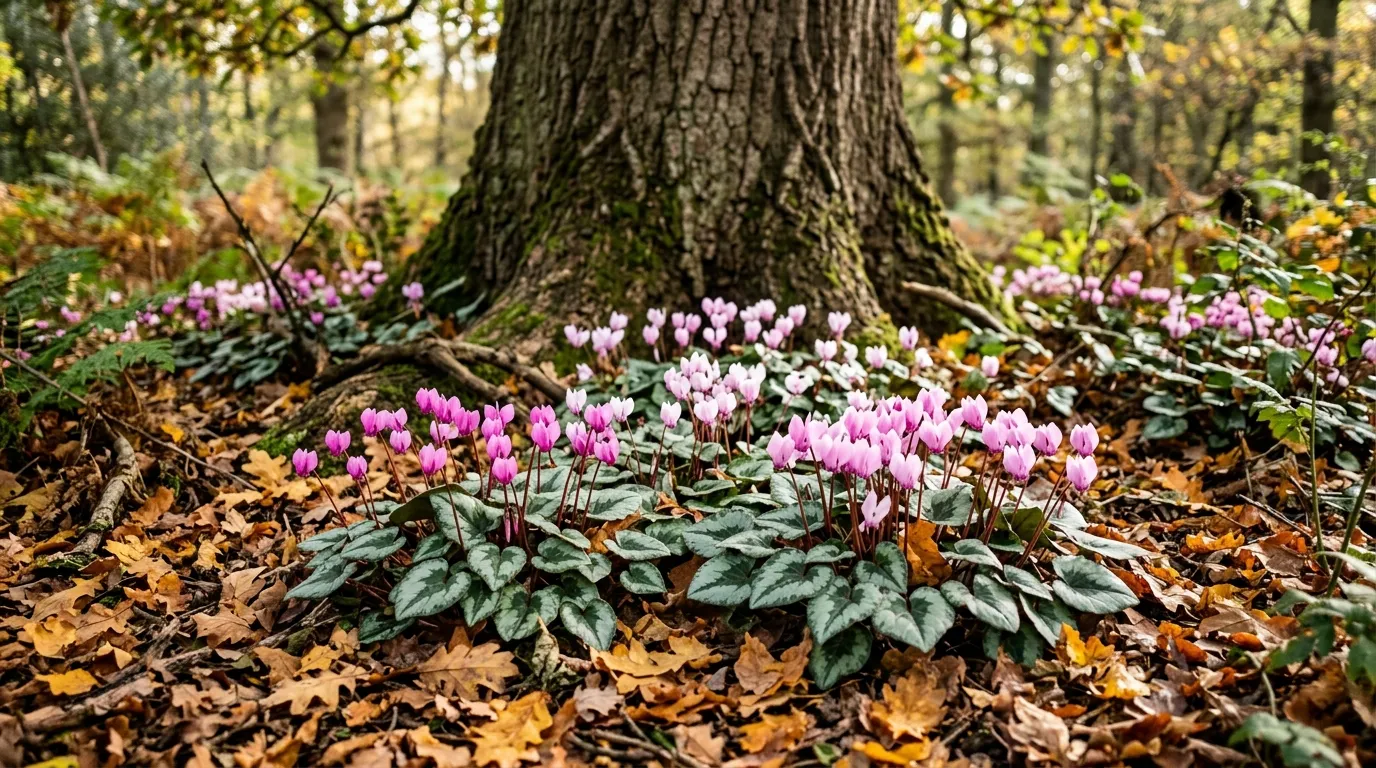 Hardy cyclamen growing beneath an oak tree in a UK woodland garden with pink flowers and silver-marbled leaves