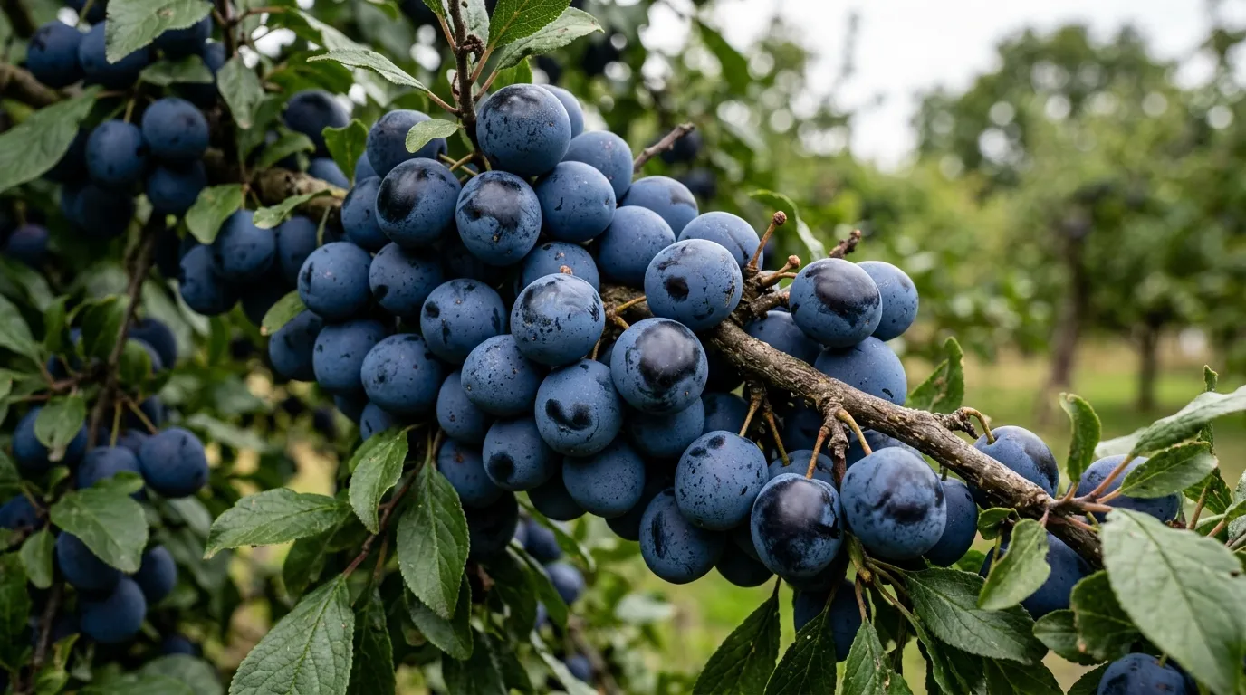 Cluster of Farleigh Damson fruit on the branch in a UK orchard showing heavy clustering and glossy dark blue skin