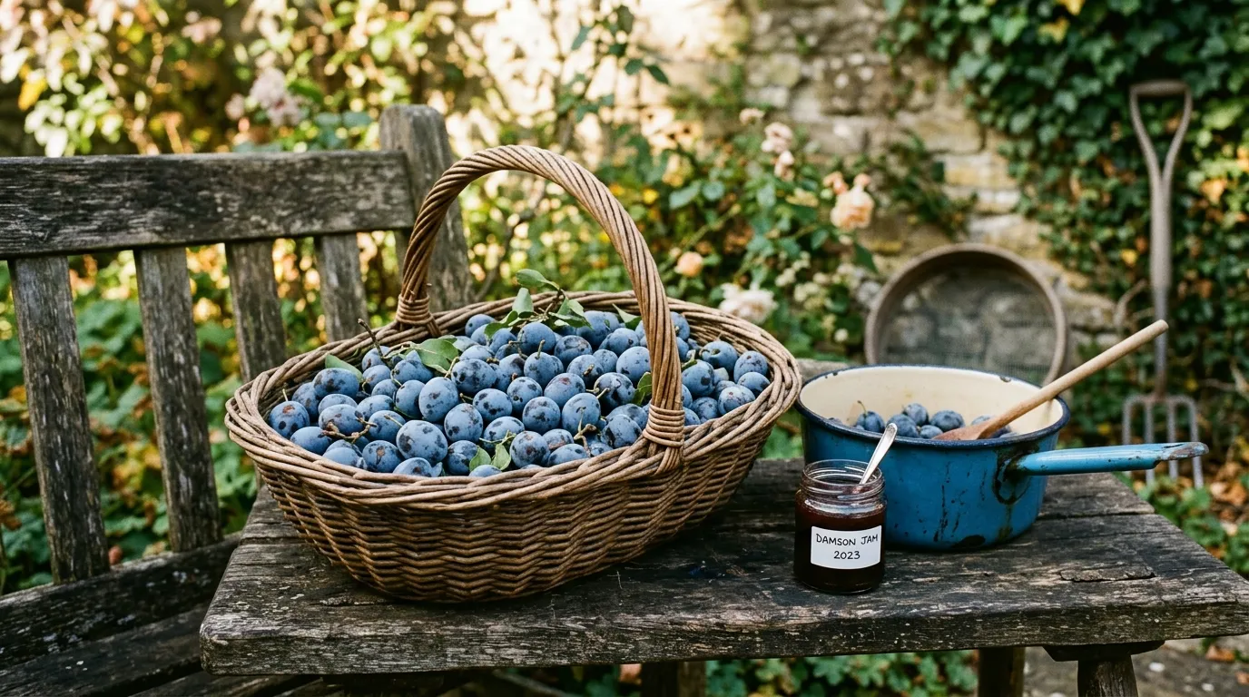 UK garden trug full of just-picked dark blue damsons with chalky bloom set beside an enamel jam pan and sterilised jar on an old wooden bench in late September light