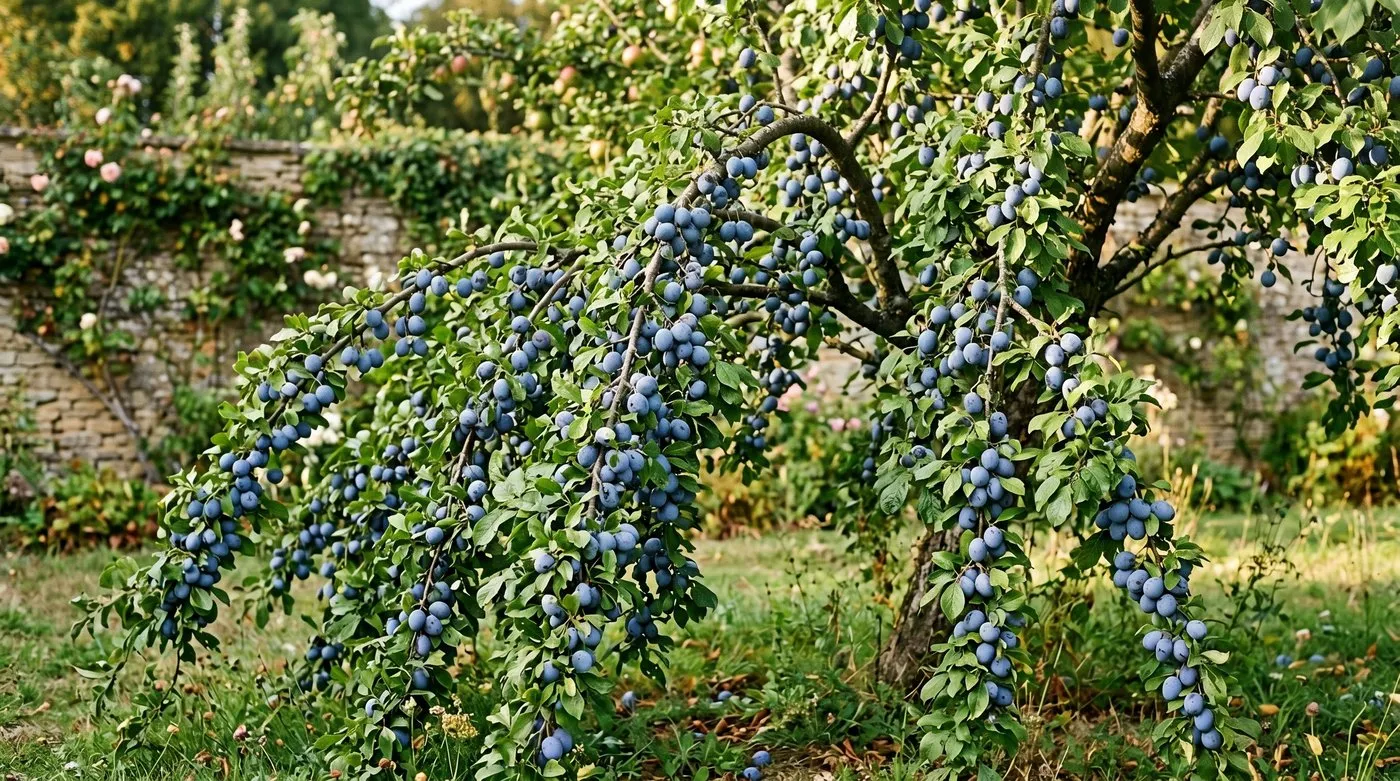 UK damson tree heavy with ripe dark-blue Shropshire Prune fruit and pale bloom, golden September light in a traditional cottage orchard