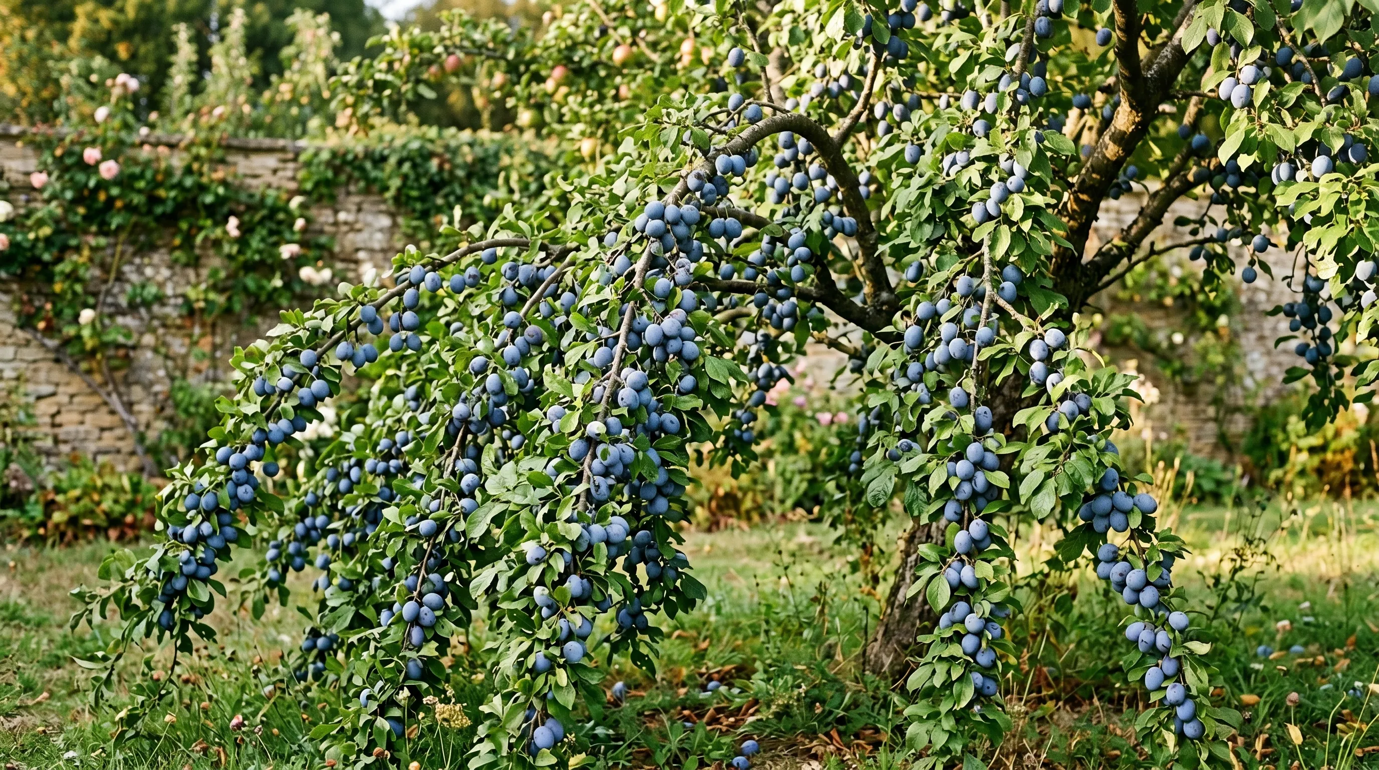 UK damson tree heavy with ripe dark-blue Shropshire Prune fruit and pale bloom, golden September light in a traditional cottage orchard