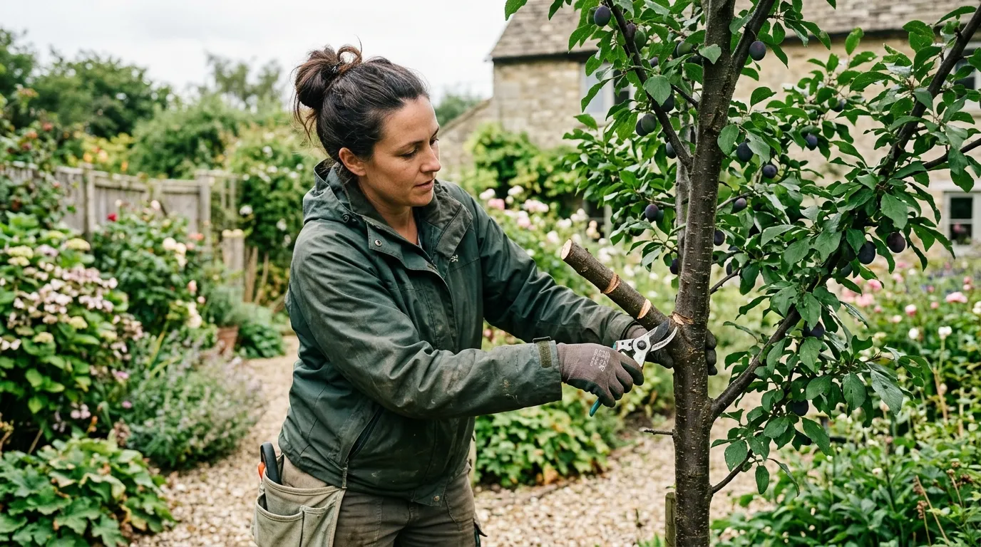 UK gardener using bypass secateurs to prune a young damson tree in late summer, showing the three-cut technique on a 25mm branch in a daylight garden setting