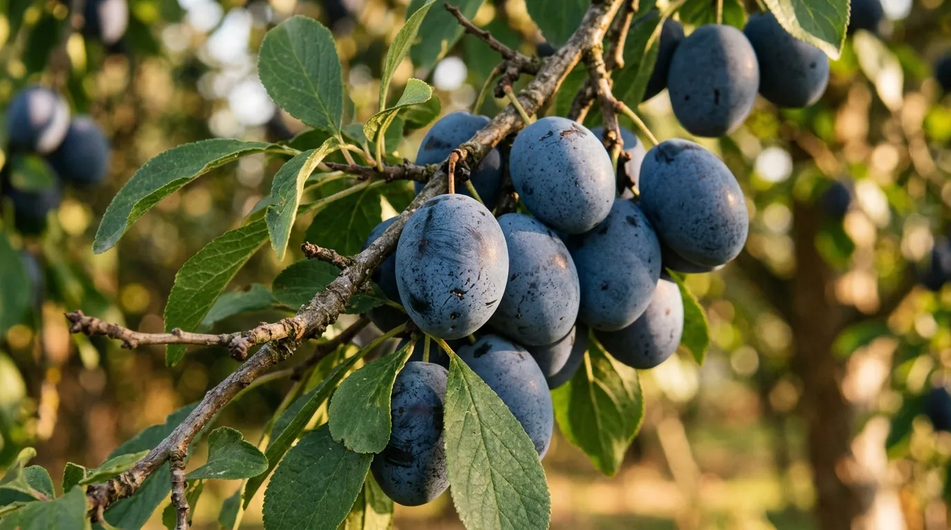 Macro close-up of ripe Shropshire Prune damsons on the branch with pale waxy bloom on dark blue skin in golden UK afternoon light