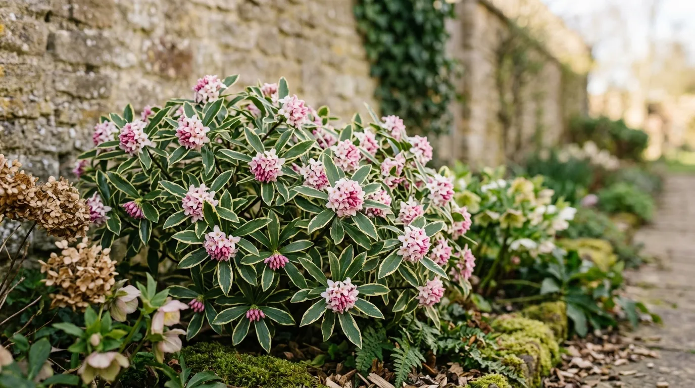 Daphne odora Aureomarginata in bloom with pink fragrant flowers in a sheltered UK garden border