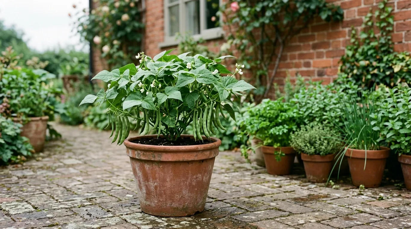 A compact dwarf French bean bush growing in a terracotta patio container with green pods and no canes