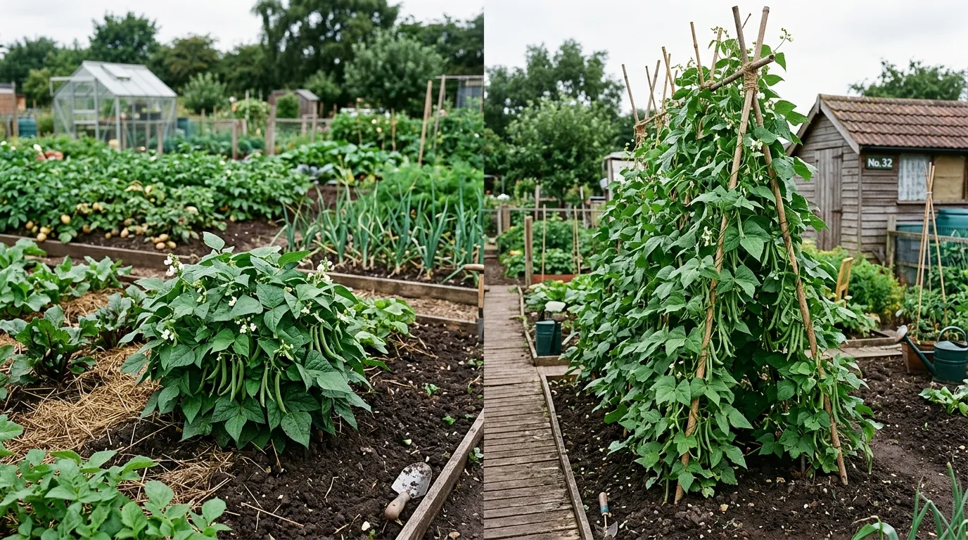 A low compact dwarf bush bean beside a tall climbing French bean on a cane wigwam showing the height difference