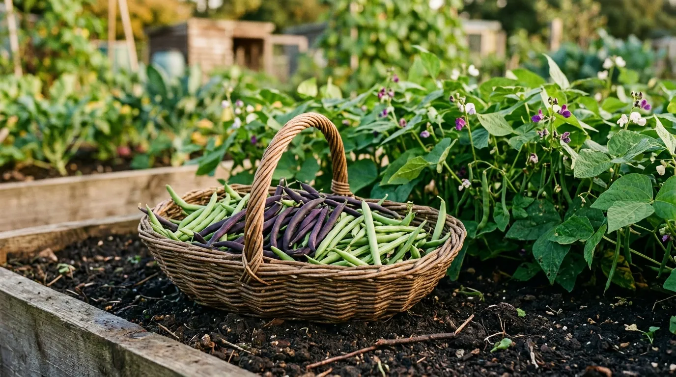 A trug basket of freshly picked dwarf French beans including green and bright purple pods on allotment soil