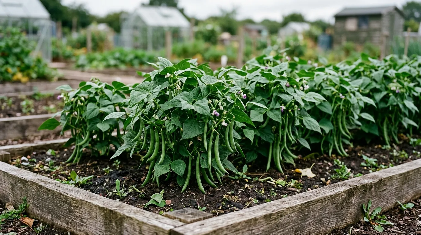 A row of dwarf French beans growing low in a Midlands allotment raised bed with green pods and no canes