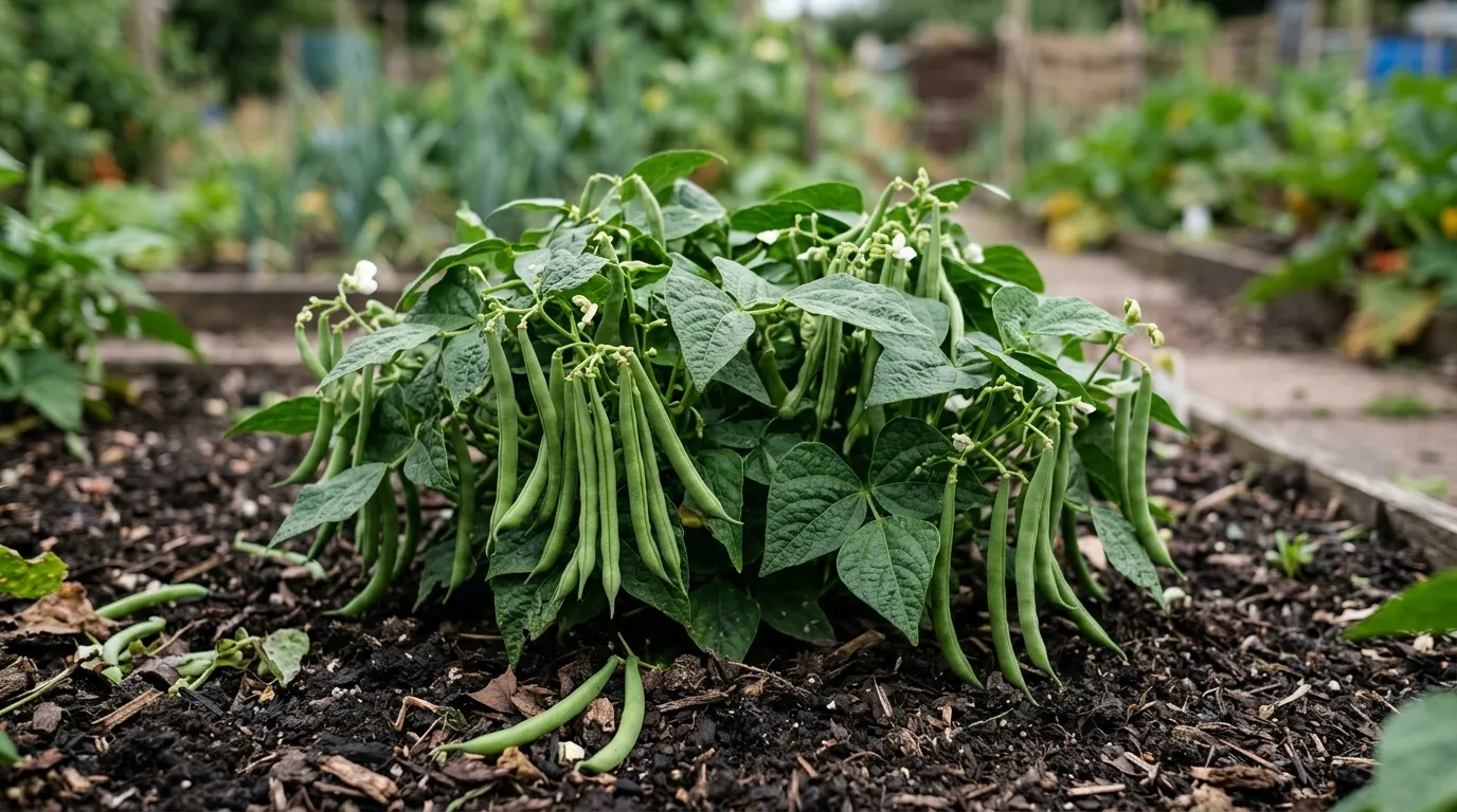 Close up of a healthy dwarf French bean bush plant heavy with slender green pods held above dark allotment soil