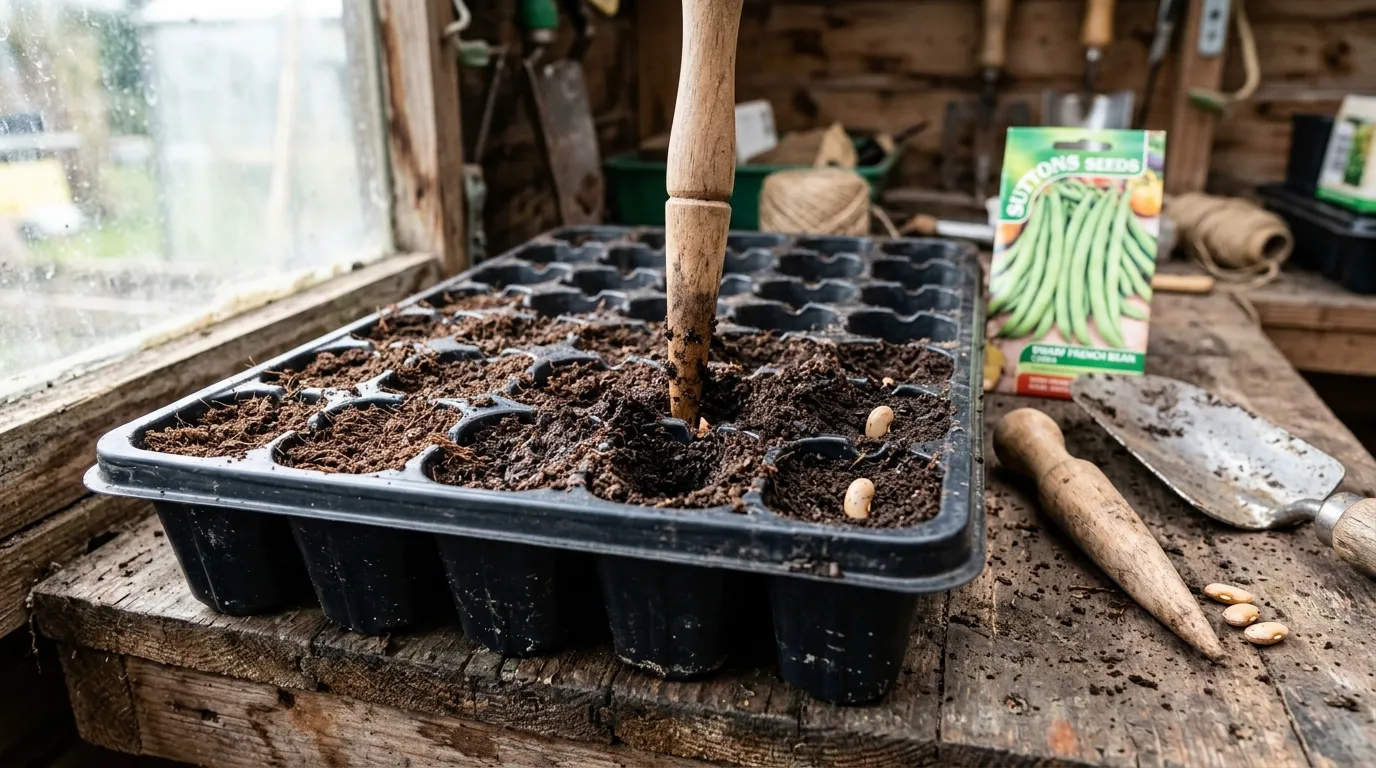 Dwarf French bean seeds being sown 5cm deep into a module tray of compost on an allotment potting bench