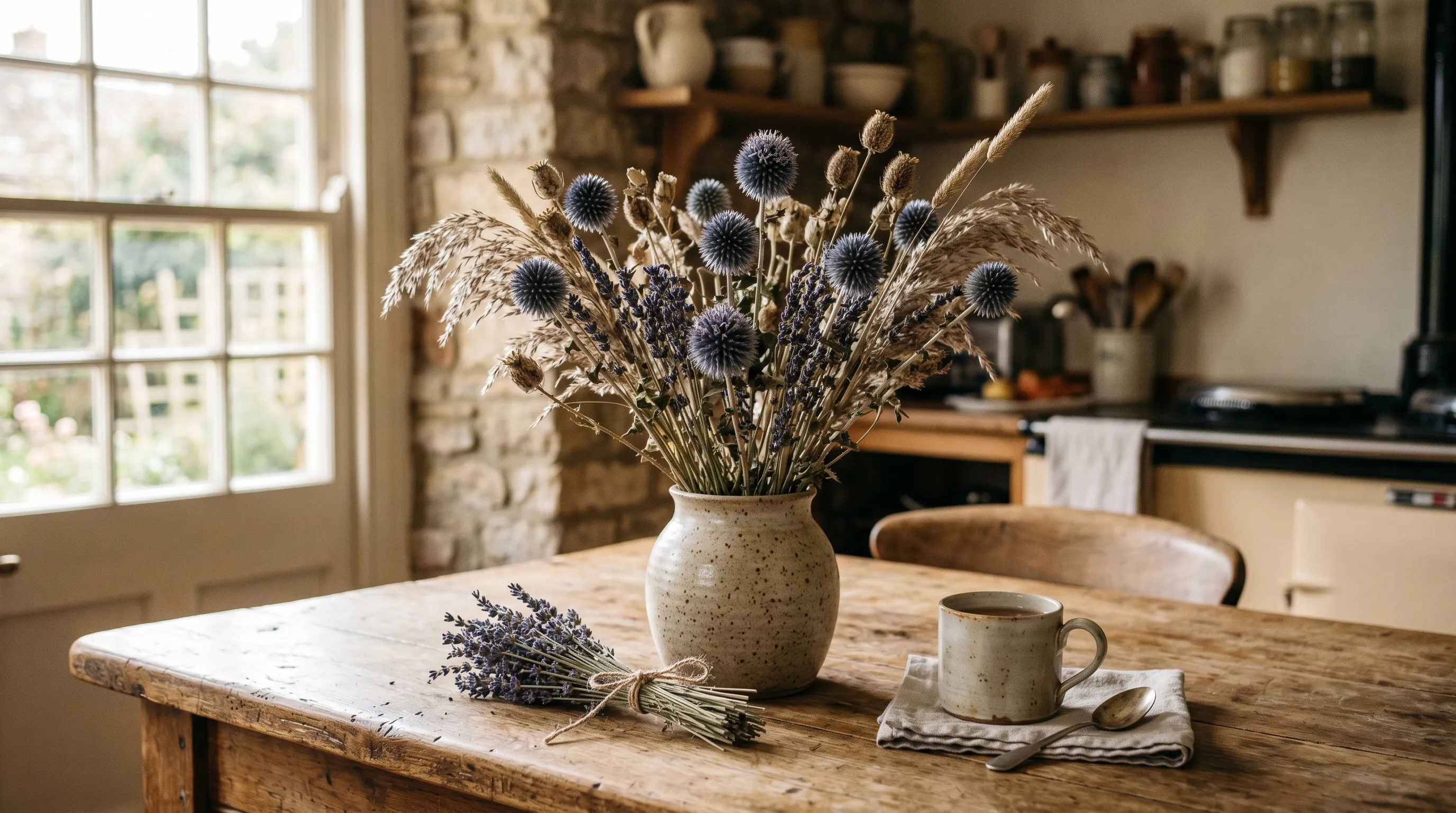 Dried Echinops globe thistle stems arranged with lavender and grass plumes in a ceramic vase indoors