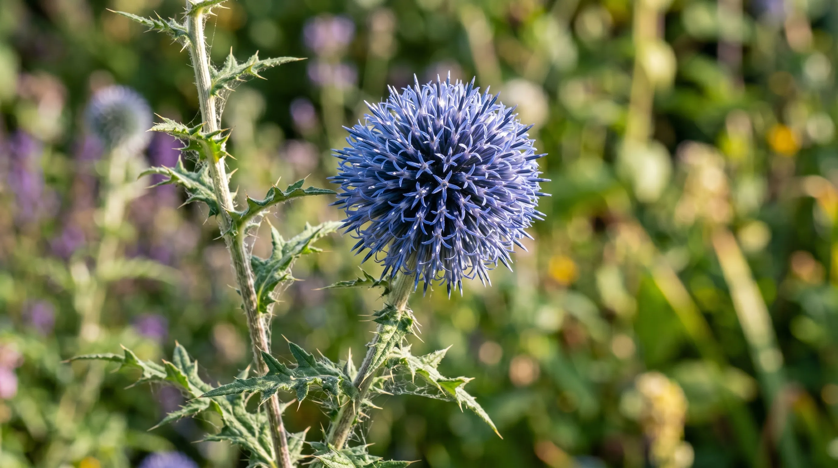 Single Echinops ritro globe thistle flower head close-up showing metallic steel-blue florets