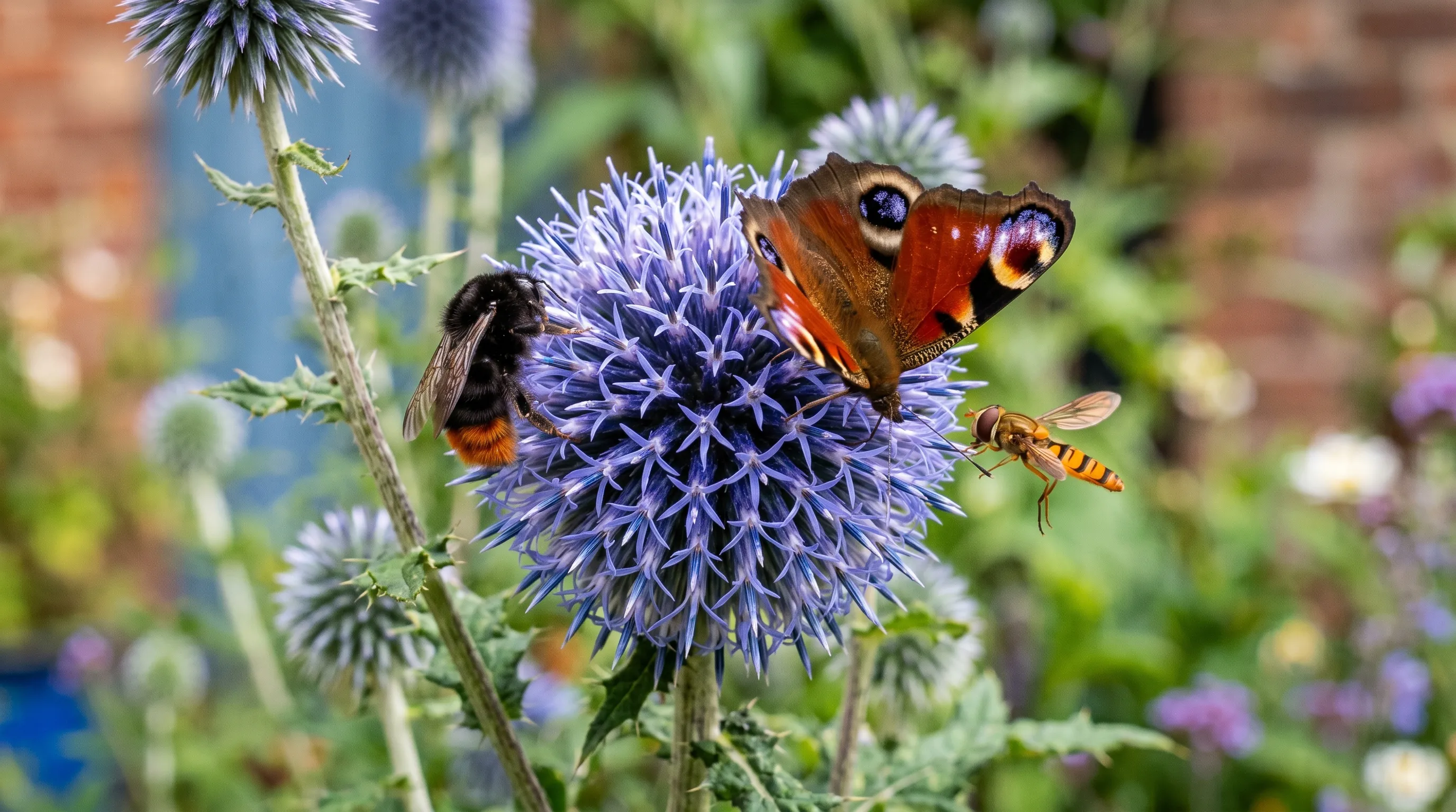 Diagnostic close-up showing a bumblebee, butterfly and hoverfly all feeding on a single Echinops globe head