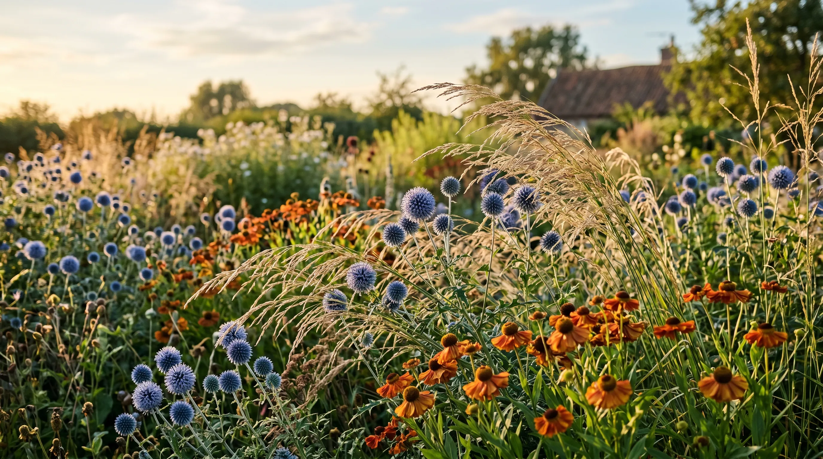 Prairie border combining Echinops ritro globe thistles with Calamagrostis Karl Foerster grass and Helenium in a Suffolk garden