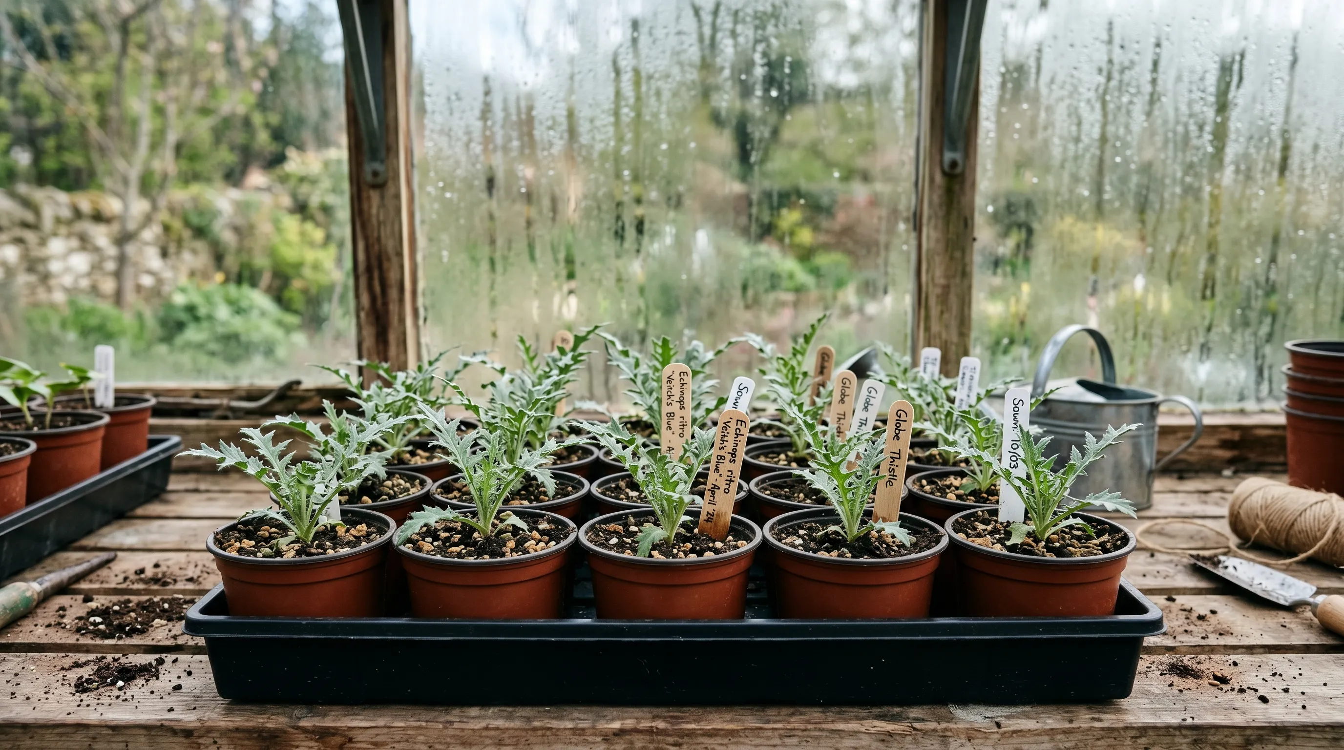 Tray of young Echinops ritro seedlings on a greenhouse bench in spring